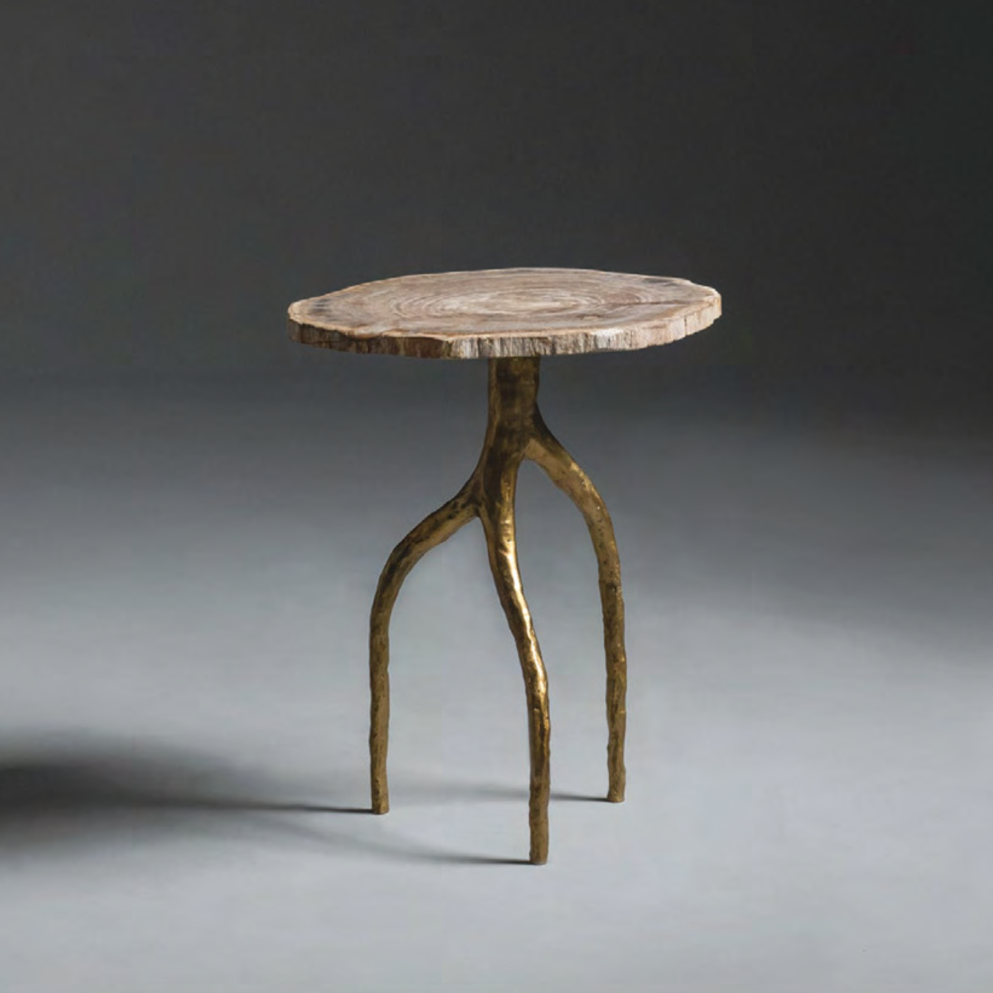 Luxury round side table with a natural wood top and bronze legs on a gray background